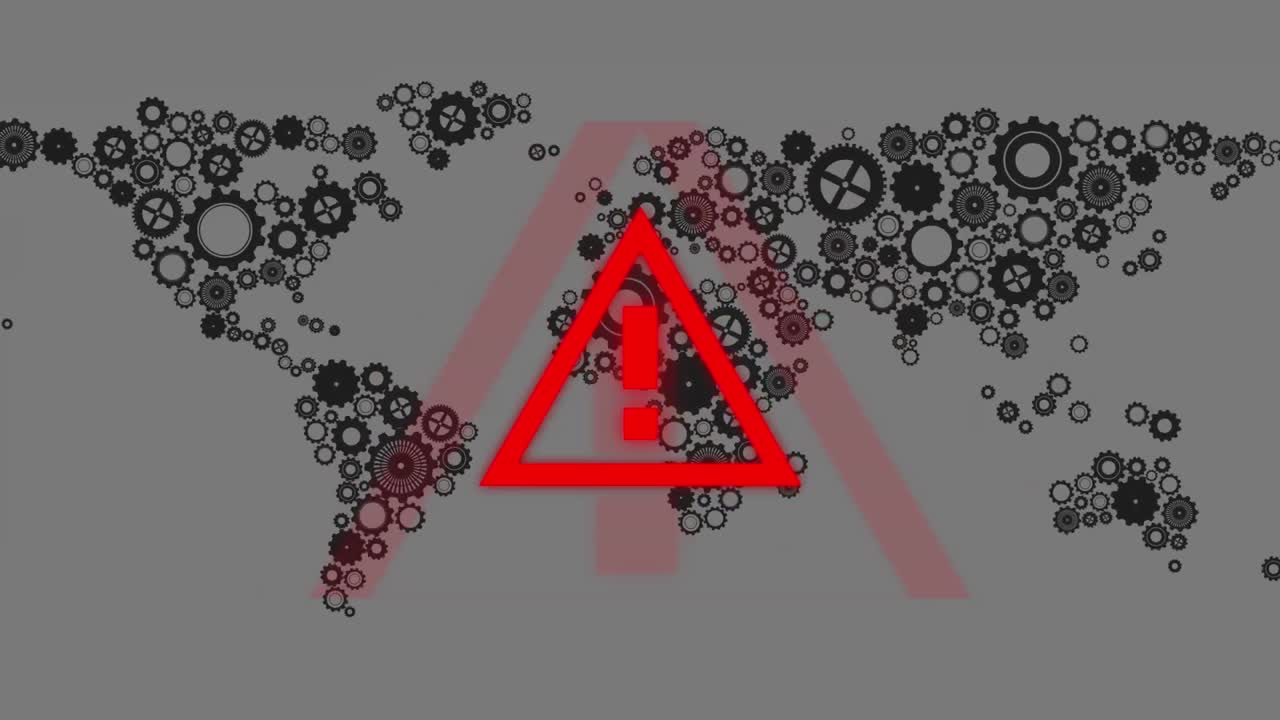 анимация предупреждающего знака о ковид-19 над зубчатыми колесами и картой мира