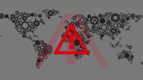 animación de la señal de advertencia de covid-19 sobre los engranajes y el mapa del mundo