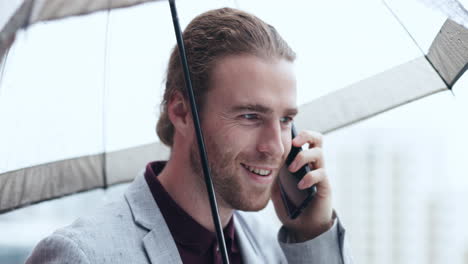 Walking,-phone-call-and-man-with-an-umbrella