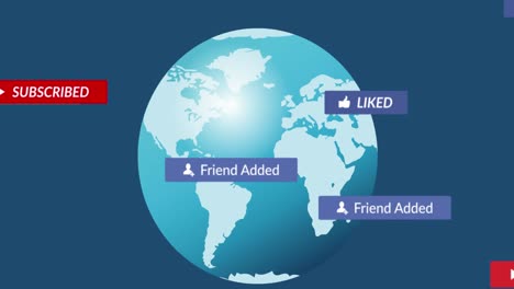 animation of social media buttons over globe on blue background