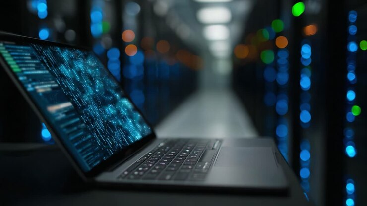 A High-Tech Laptop Displaying Complex Data Analytics Against a Background of Servers with Colorful LED Lights, Showcasing Modern Information Technology Infrastructure