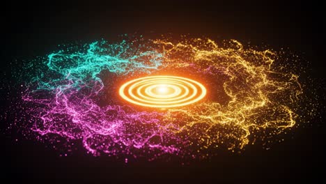 a dynamic visualization of colorful energy waves creating a mesmerizing circular pattern, with radiant sparks and vivid pulsations representing motion and flow