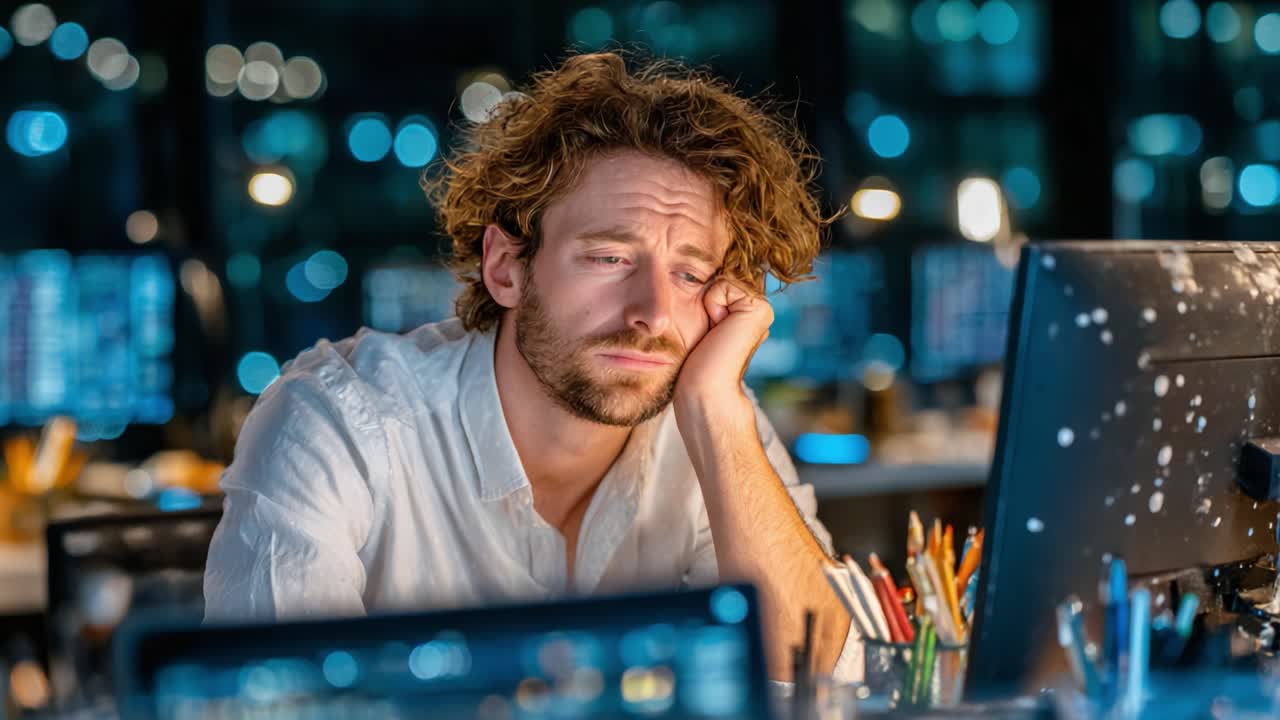 A Frustrated Professional Overwhelmed by Workload at Night, Gazing at Computer Screen in a Dimly Lit Office Environment, Signal of Stress and Exhaustion Amidst Data Overload