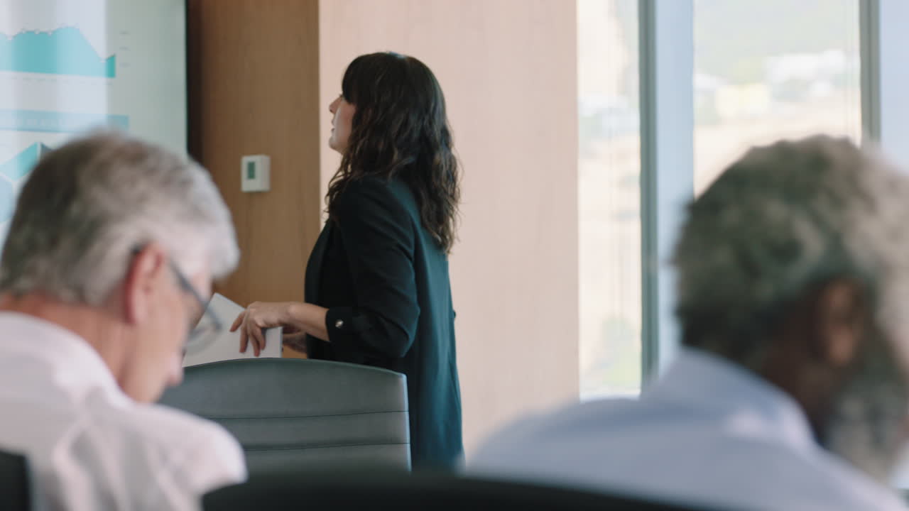bellissima donna d'affari capogruppo che presenta dati finanziari in tv progetto di condivisione dello schermo con gli azionisti che informa i colleghi che discutono idee in ufficio presentazione in sala riunioni