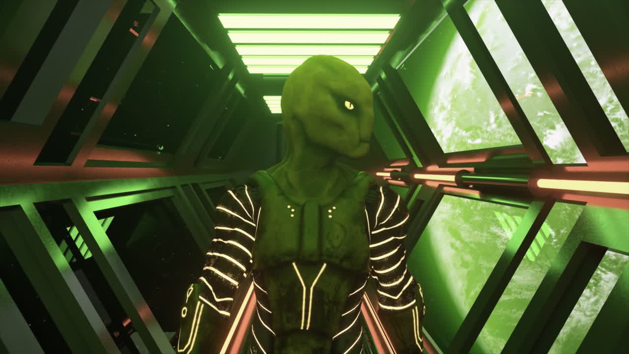 미래의 우주선 복도에서 외계인