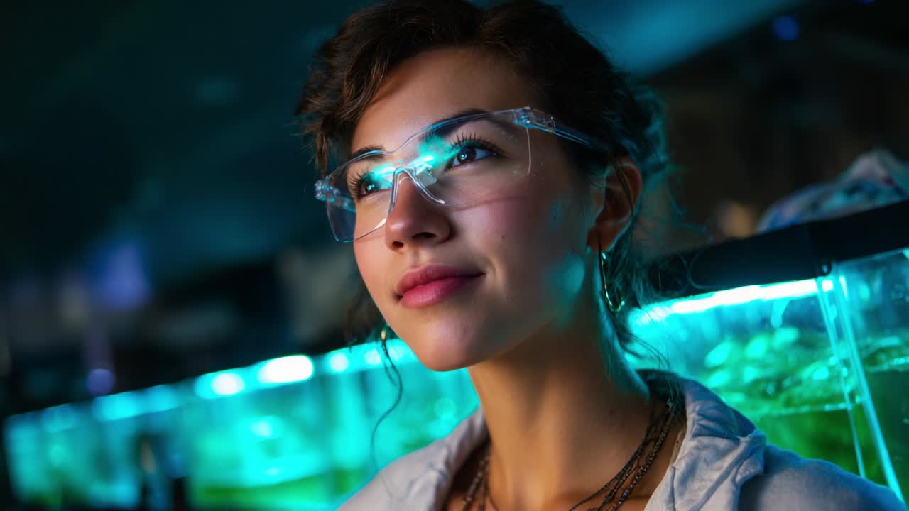 Un momento introspettivo catturato in un ambiente di laboratorio luminoso, che ritrae un giovane scienziato con occhiali protettivi, mentre osserva la vita acquatica parzialmente illuminata dalla luce ambientale