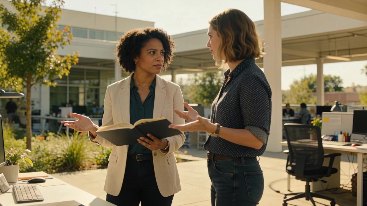 Right woman in rolled sleeves explaining project, left woman in blazer reading notebook at patio