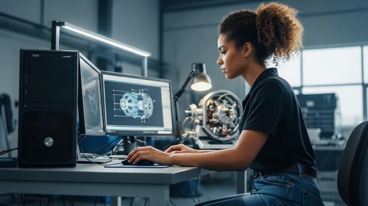 Focused Female Engineer Analyzes Complex Blueprints on Dual Monitors in a High-Tech Workshop Environment, Enhancing Innovative Design and Precision Engineering
