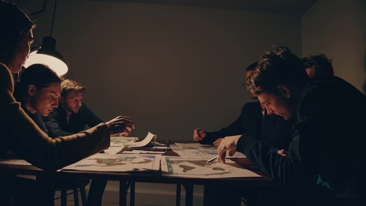 Ripresa video dal basso di un gruppo di professionisti in una stanza scarsamente illuminata, che discutono mappe e documenti