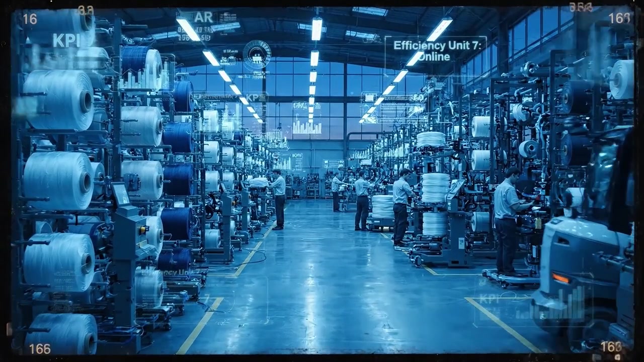 Kvinde overvåger smart fabriksdrift med digitale data-overlays