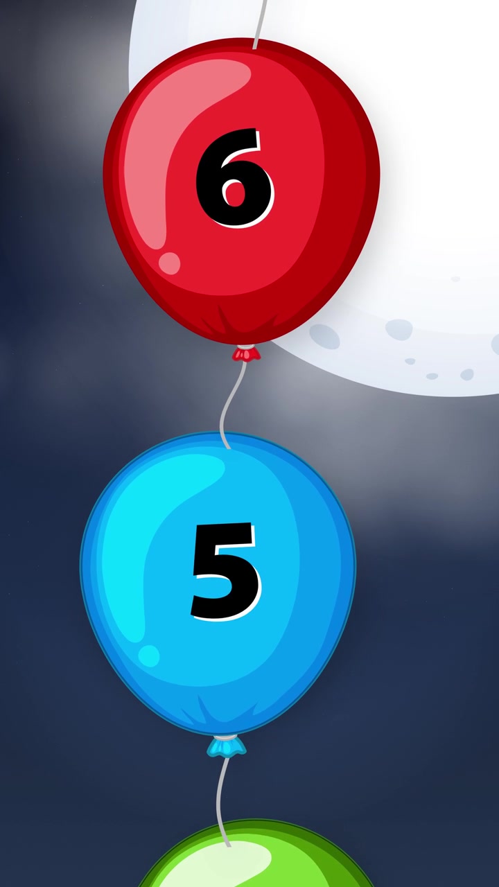 Colorful numbered balloons fall vertically against a dark night sky with a large moon.