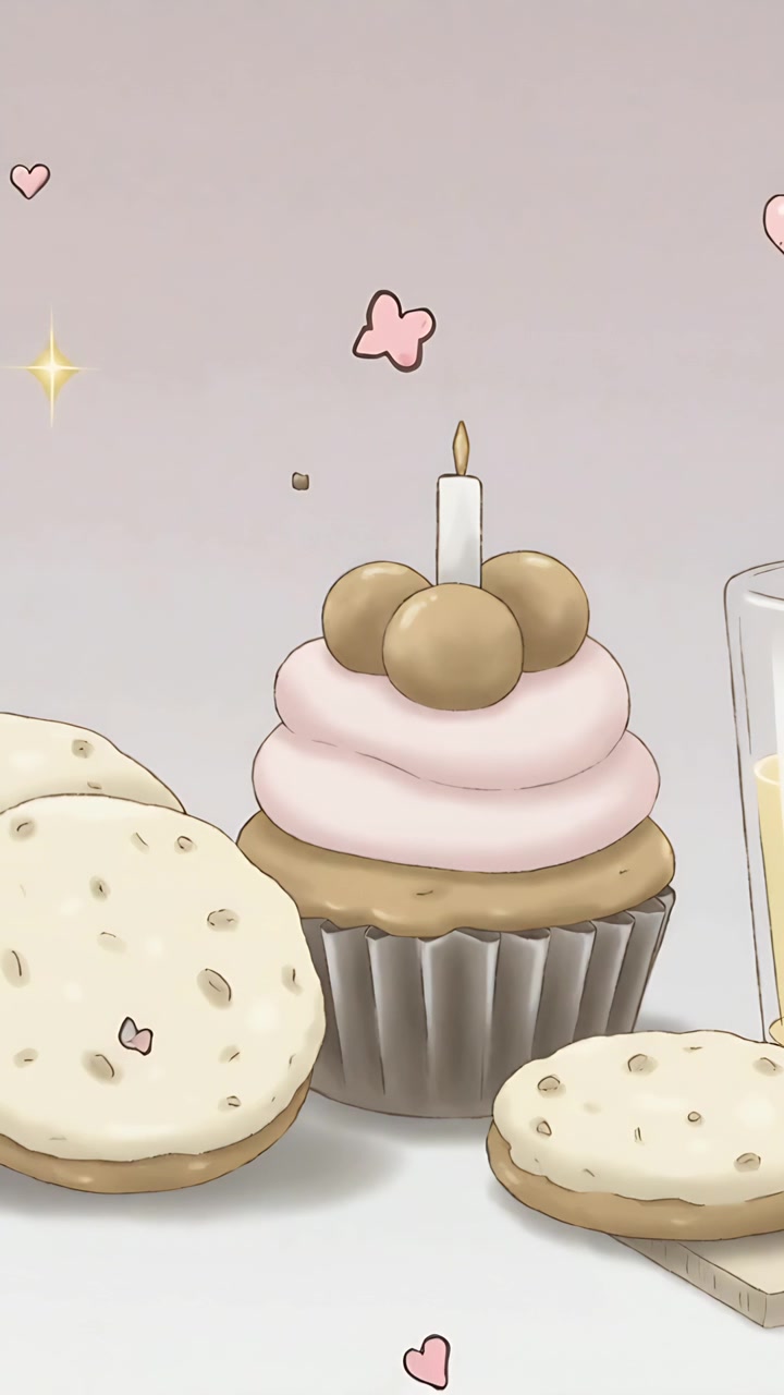 Video verticale: Scintille a forma di cuori salgono e si spostano verso un cupcake centrale su un tavolo con biscotti e bicchieri per una festa.