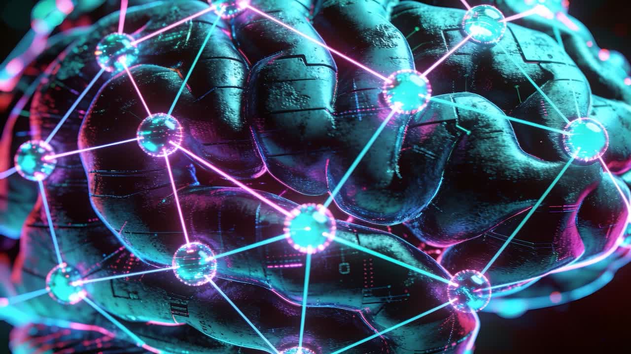 Camera pushing closer 3D brain model pulsing node network showing activity in dark void, panels