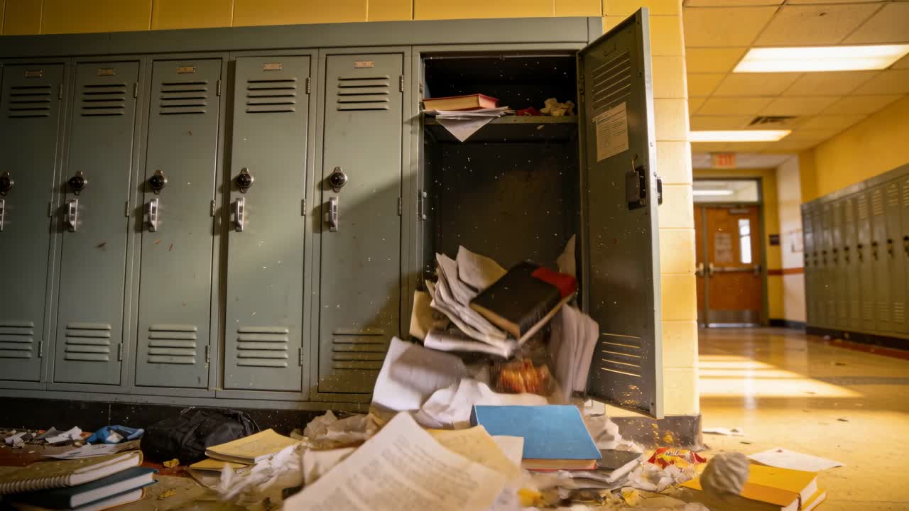 Ejecting after locker door popping, metal locker sending papers, books, backpack in school hallway