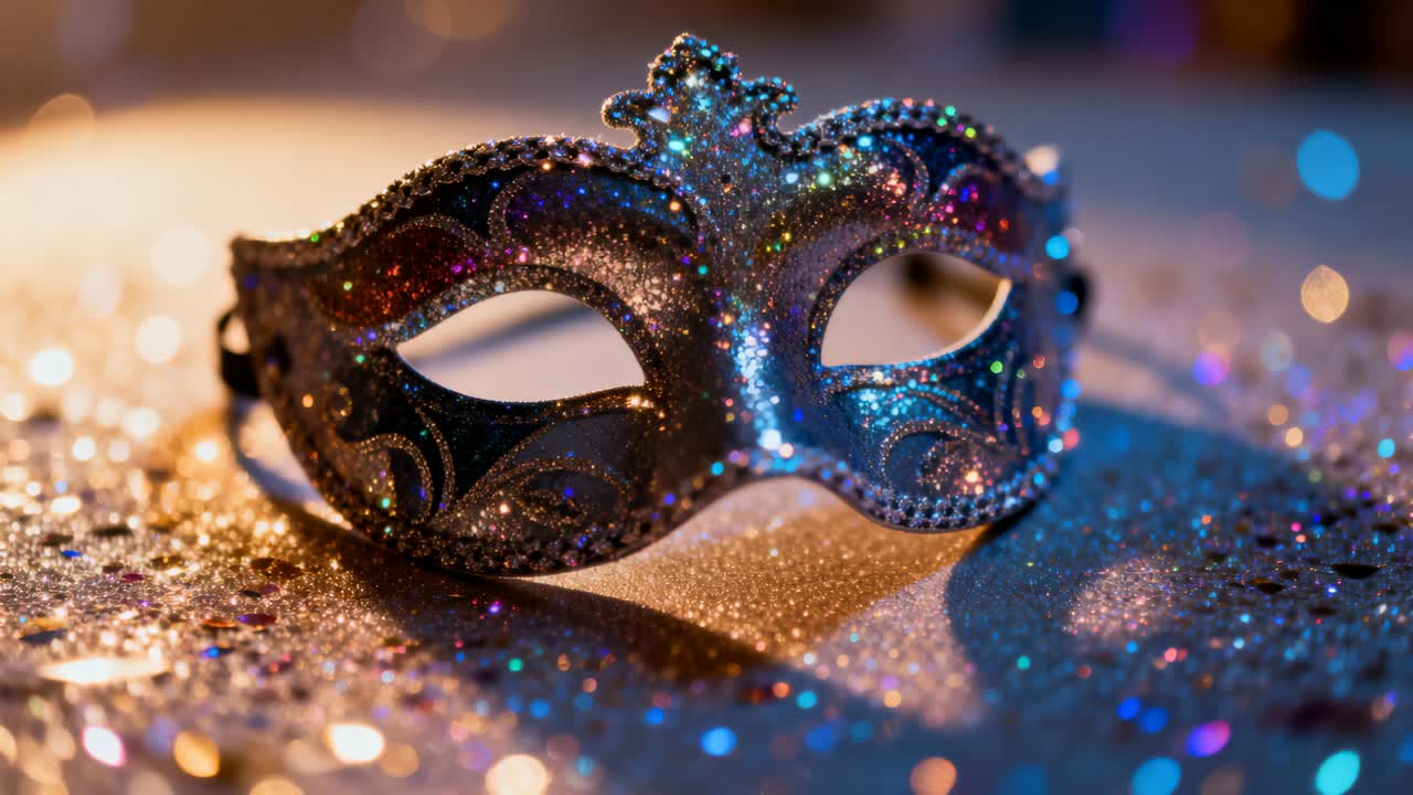 Maschera da carnevale riflettente che cattura la luce cangiante a due tonalità su un tavolo scintillante, con strass che brillano.