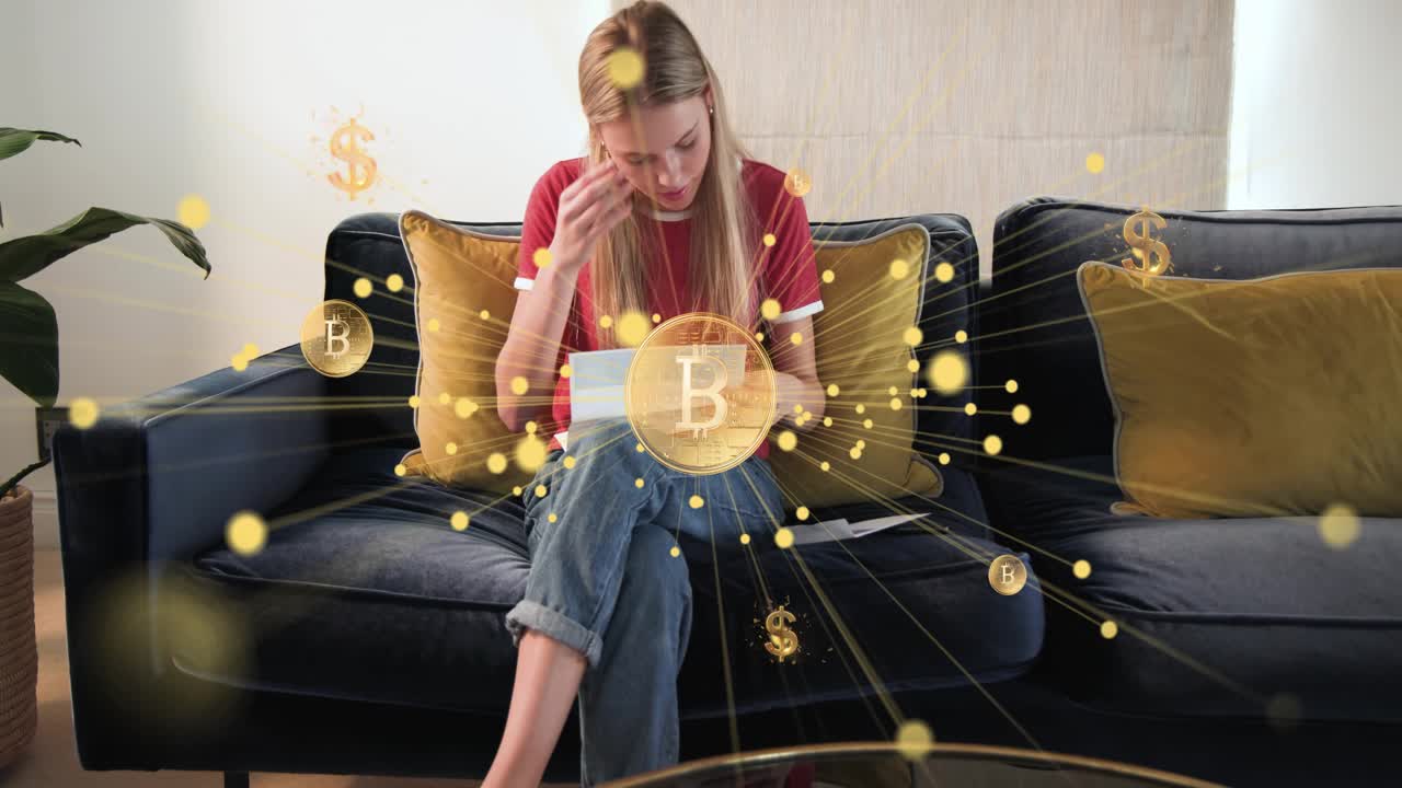 Woman opening paper on sofa, sparks forming BTC and dollar icons around her showing finance worry