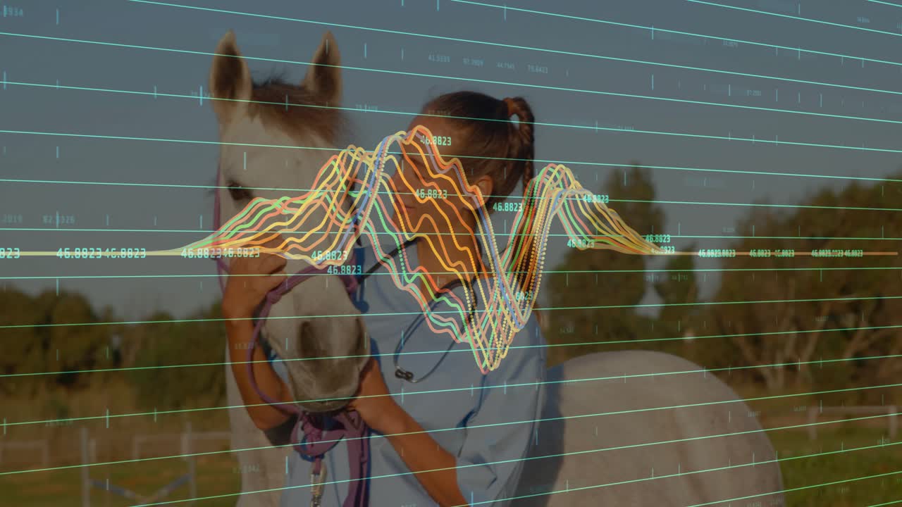 Veterinário ajustando a cabeçada enquanto coloca o estetoscópio no pescoço para monitorar o coração com rastreamento de forma de onda