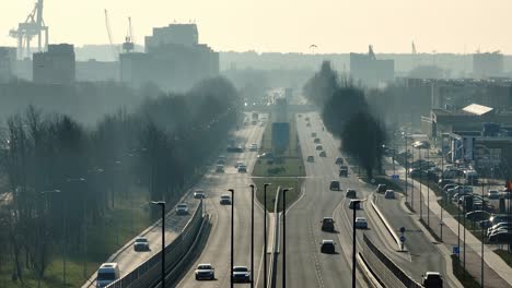 the panoramic view of the city was obscured by dry air, smog, and a large amount of dust. europe, lithuania, klaipeda.