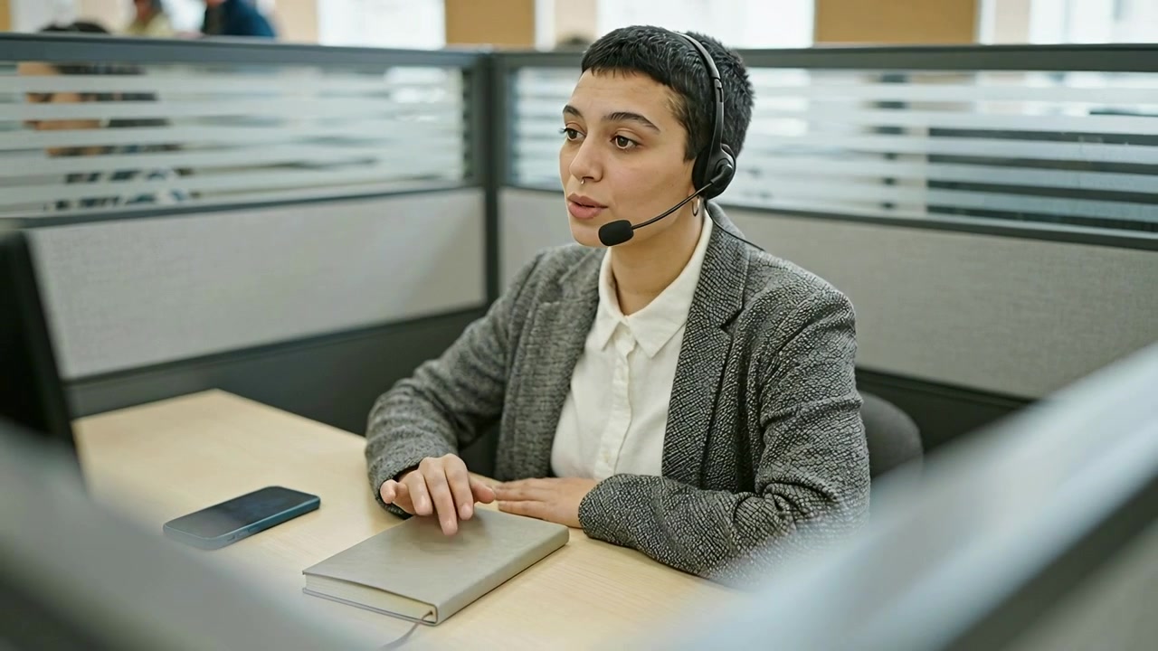 Vyřizování hovoru, agent v šedém saku mluvící do náhlavní soupravy v kóji s poznámkovým blokem, pomáhající volajícímu