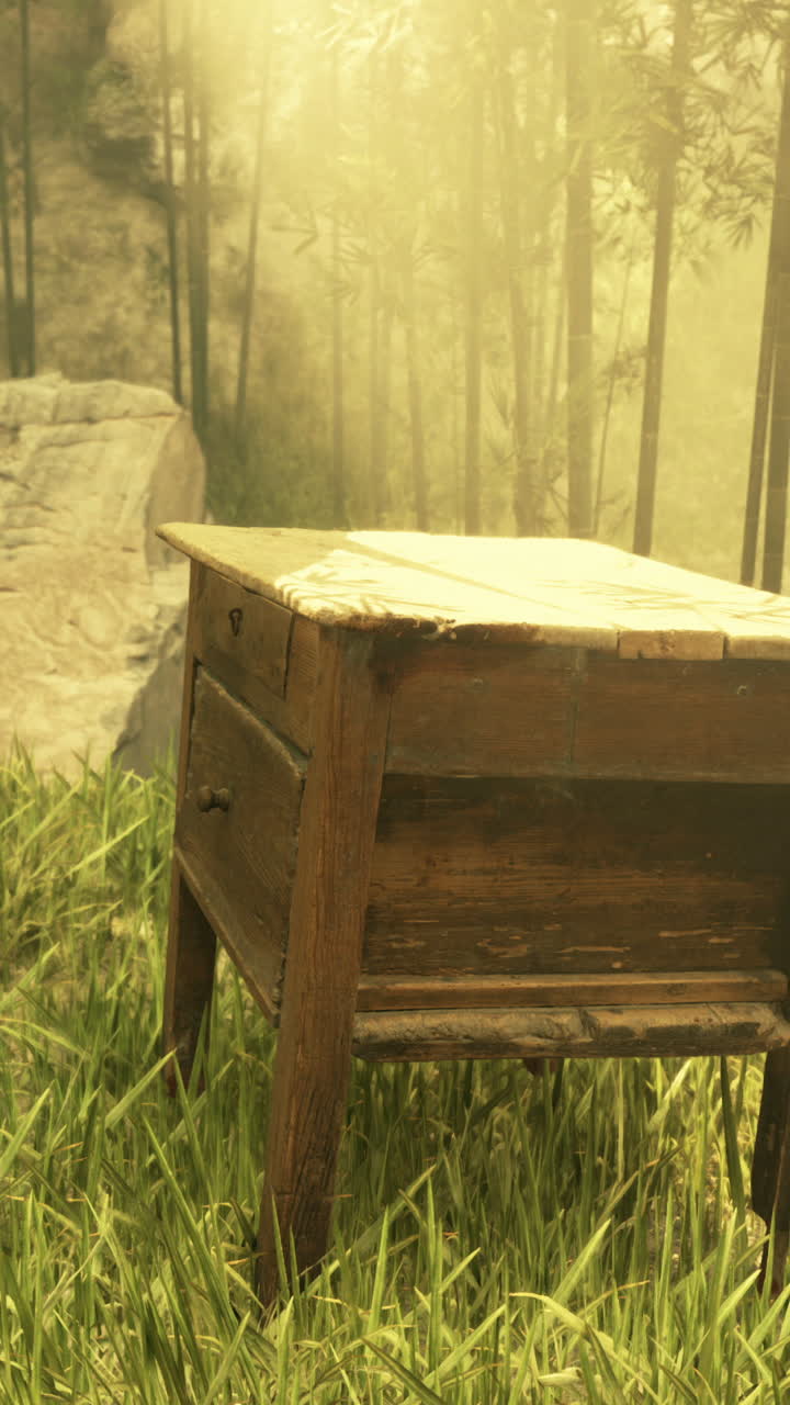 숲 속 의 빈티지 나무 테이블
