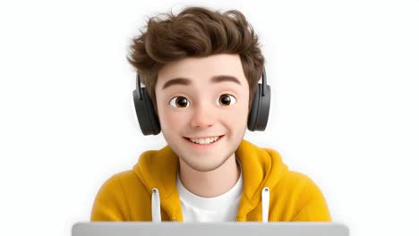 cartoon man with headphones and laptop