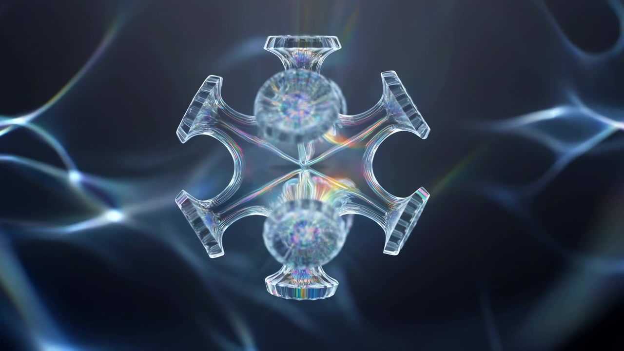 Um objeto transparente centralizado gira suavemente enquanto ramos curvos, formas arredondadas semelhantes a lentes e realces prismáticos se movem pela sua superfície em meio a padrões de luz azul suave na escuridão.