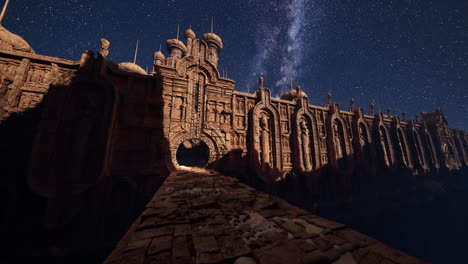 a fantasy stone castle under a starry night sky