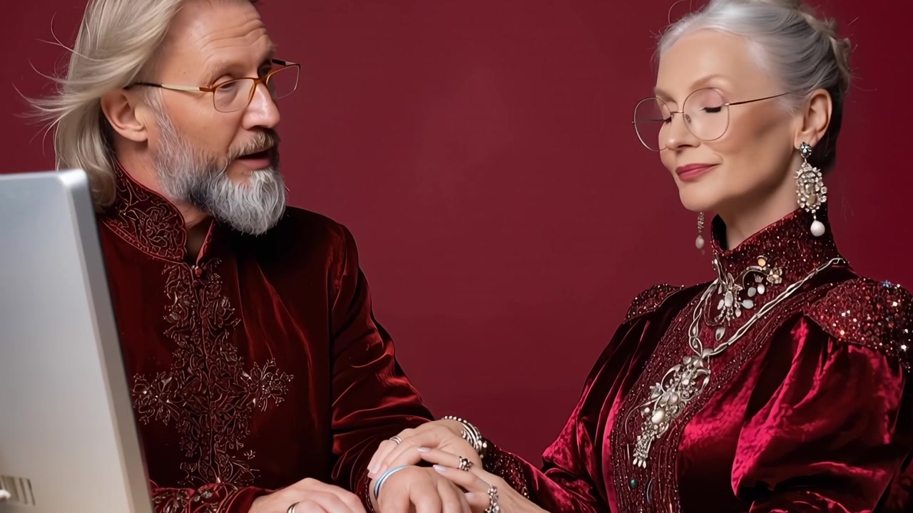 Elegant Elderly Couple Interacting with Laptop on Red Background