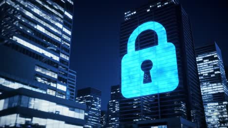 a soaring digital lock image illuminates a cityscape at night, symbolizing security, safety, and modern technology against a backdrop of urban skyscrapers