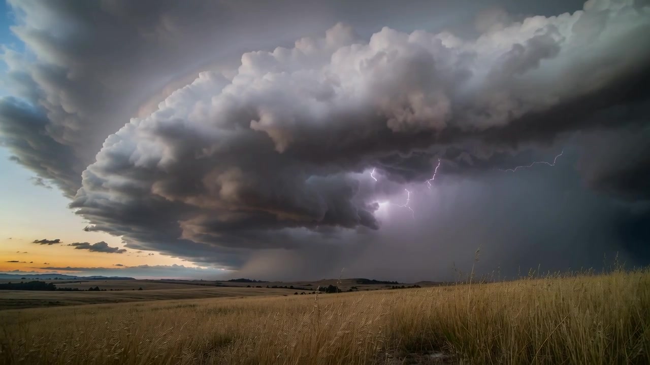 Crossing shelf cloud over plain, sunset meeting dark core spurring forked bolts lighting rain shaft
