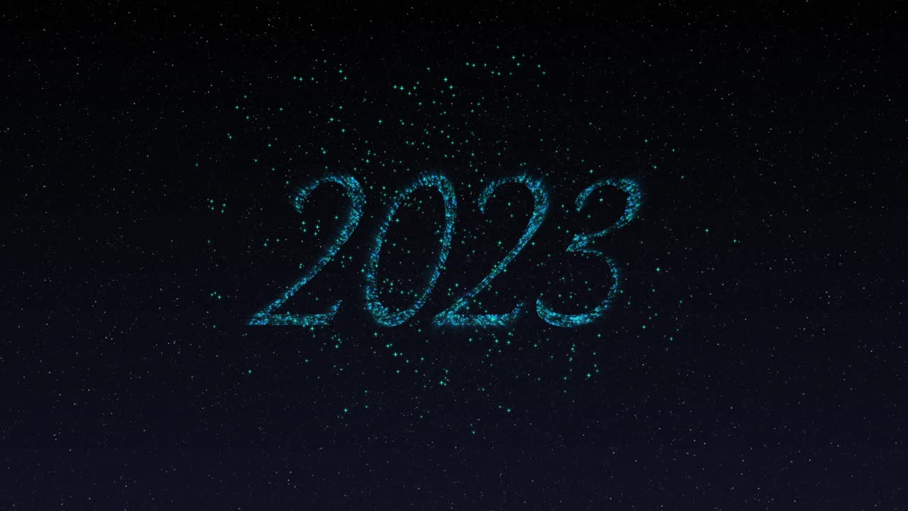 Animazione del 2023 con lettere blu scintillanti e fuochi d'artificio
