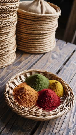 assorted spices in wicker baskets