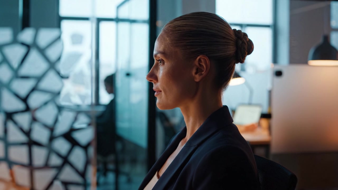 Thoughtful woman in a modern office setting, showcasing a focused expression while seated, capturing a moment of contemplation and professionalism under soft lighting.