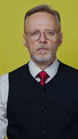 portrait of a serious senior businessman. mature man with grey beard in glasses standing on a yellow background and looking at camera. vertical video