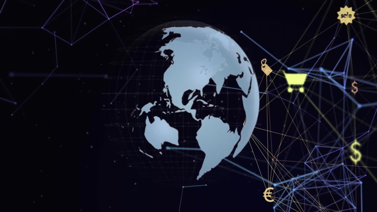 회전하는 지구상에서 쇼핑 아이콘과 연결 네트워크의 애니메이션