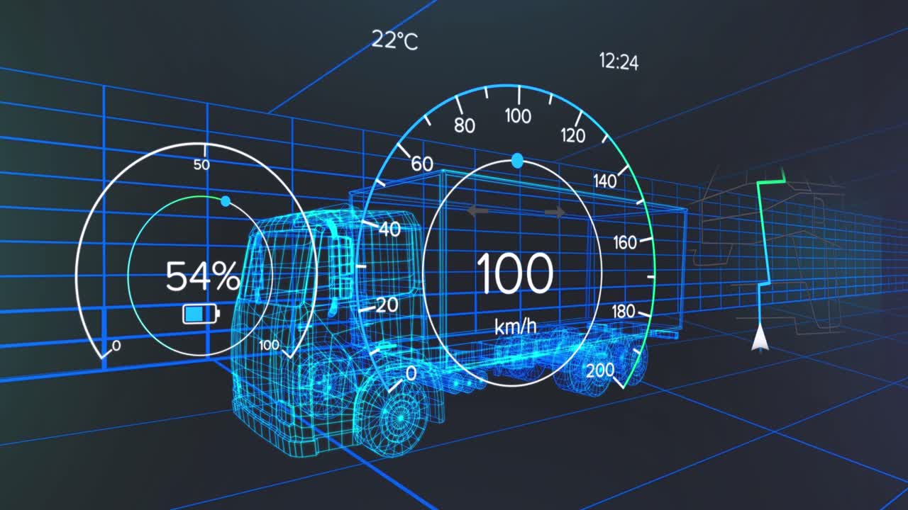 검은 바탕에 움직이는 3d 트럭 모델 위의 속도계와 전력 측정기의 애니메이션