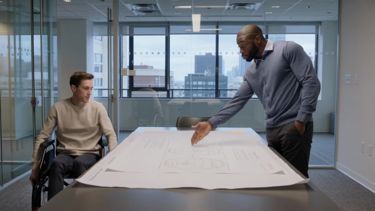 Pointing colleague guiding manual wheelchair user reviewing plans in glass office, knit pullover