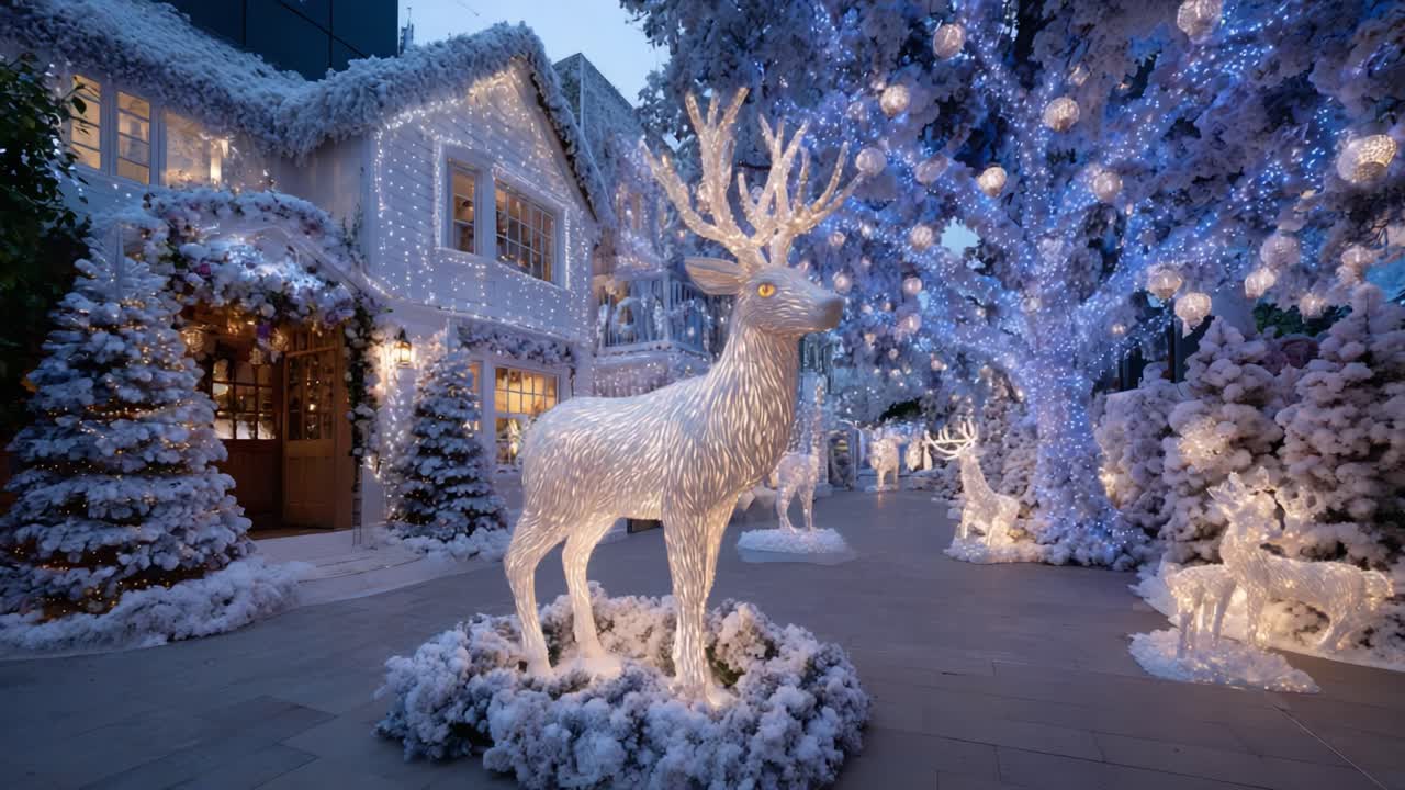 A Captivating Winter Wonderland Scene Featuring Elegant Illuminated Deer Amidst Frosty Trees and Festive Decorations in a Magical Setting