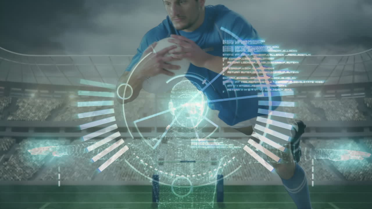 animación del procesamiento de datos con un jugador de rugby en cámara lenta