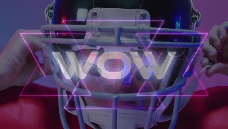 animation of wow text over american football player on neon background