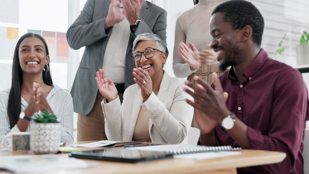 Happy business people, applause in meeting