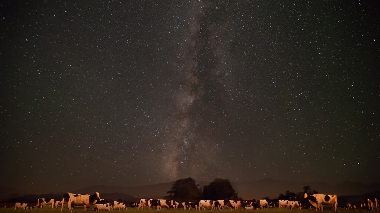 tiempo de lapso de las estrellas sobre el pasto de las vacas por la noche