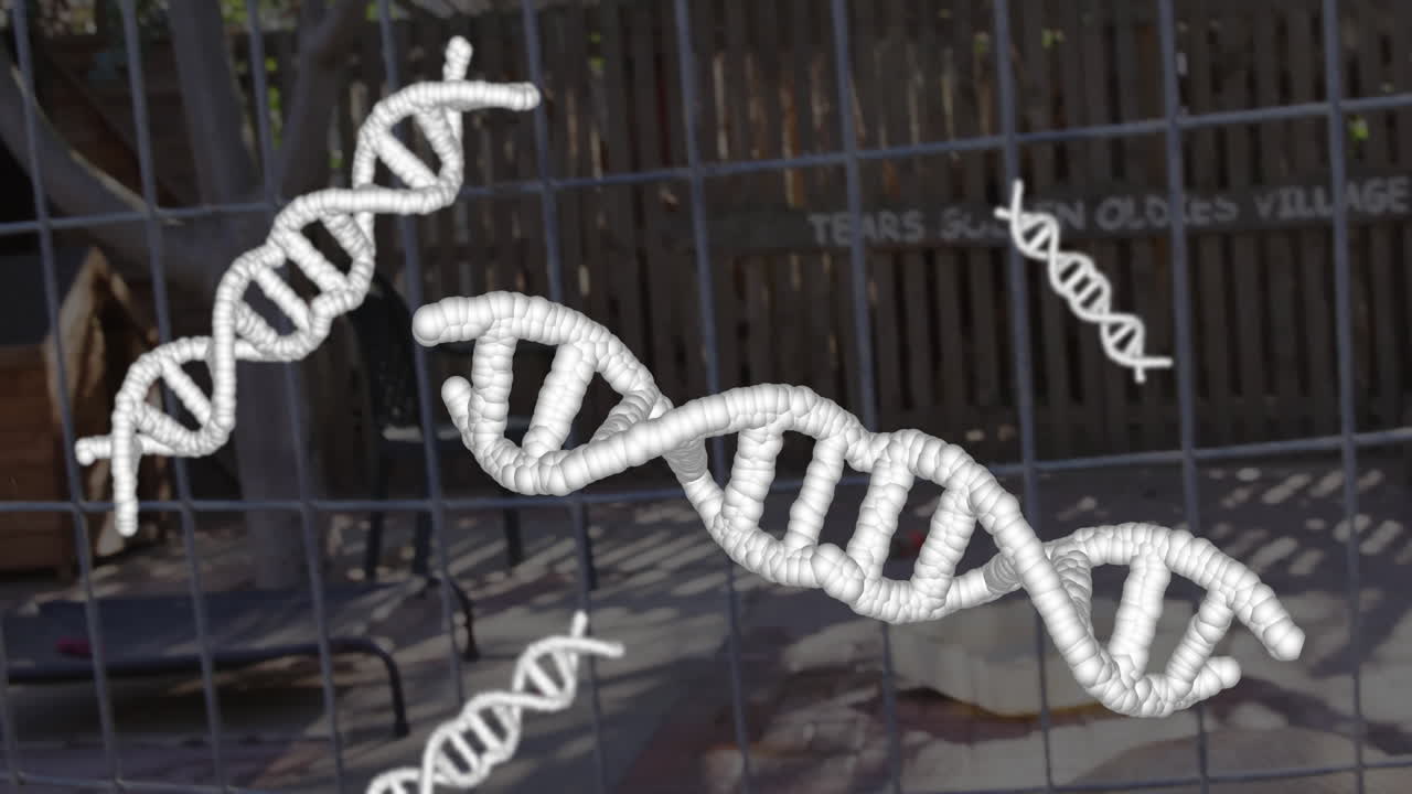 DNA helix models floating inside wire mesh cage bars, casting sunlight shadows in 3D render