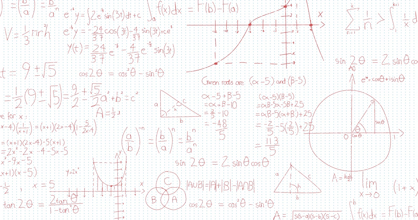 Animation of mathematical equations, diagrams and formulas against sqaured lined white background