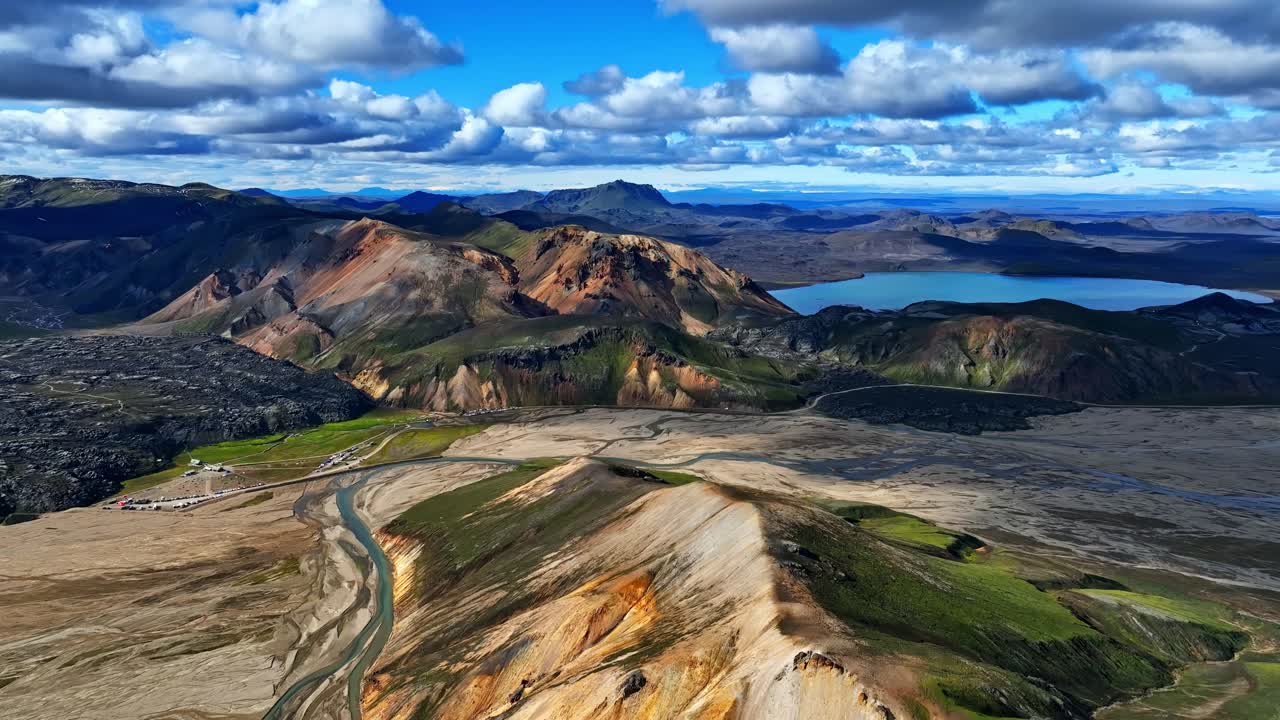 Expansive aerial view of Iceland’s mountains, river plains, and a distant blue lake, capturing sweeping travel scenery and untouched northern wilderness under bright summer clouds
