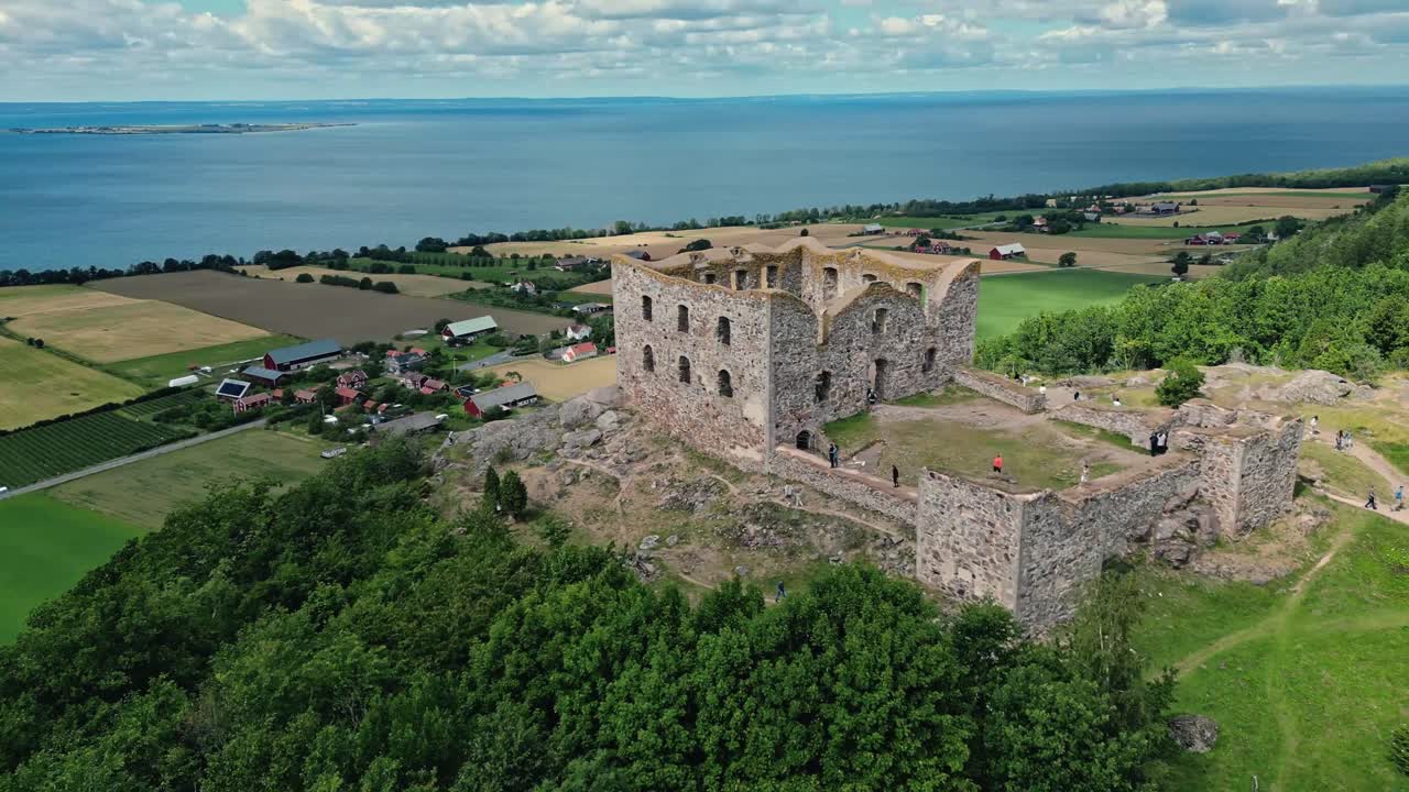 Aerial of the Brahehus Castle, a stone castle built in the 1600s, Sm&aring;land, Sweden