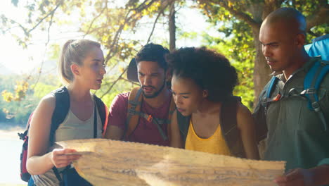 grupo de amigos perdidos con mochilas mirando el mapa en vacaciones caminando por el campo del bosque