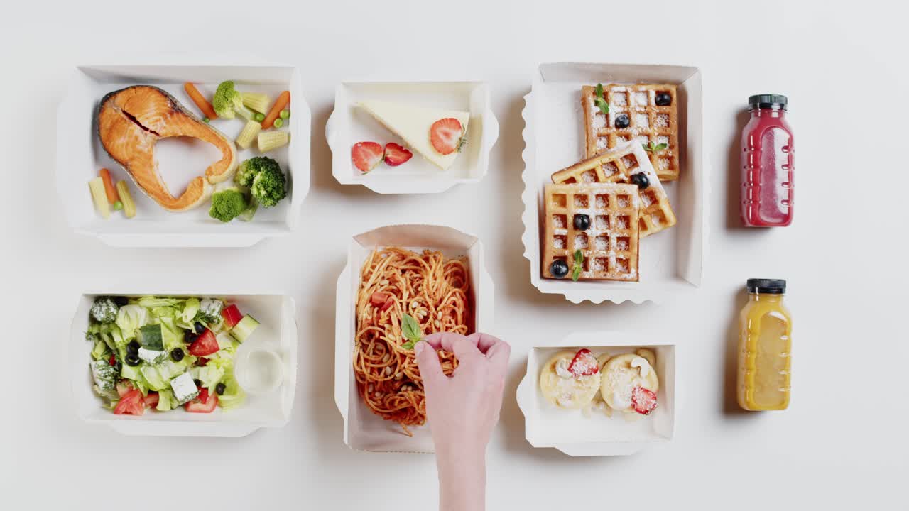 Mano che guarnisce gli spaghetti tra vari pasti salutari da asporto