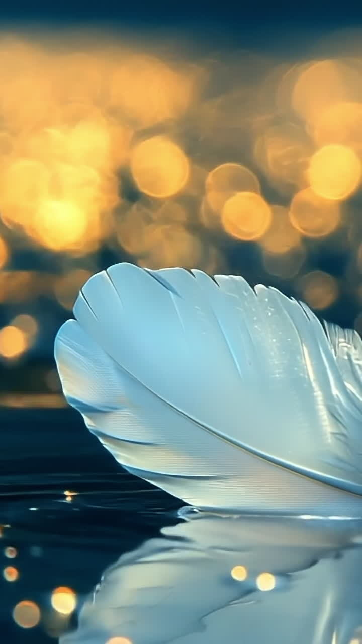 Svævende fjer glitrer på vandet. En sart hvid fjer hviler på stille vand, mens glitrende lys reflekteres omkring den i skumringen.