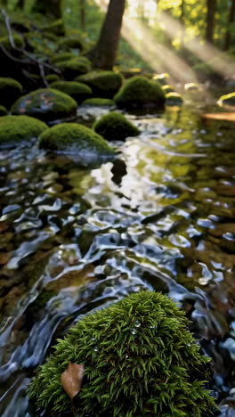 sunlight streams through forest creek with moss